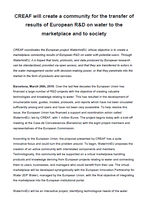WaterInnEU press release March 2015 Quicklook
